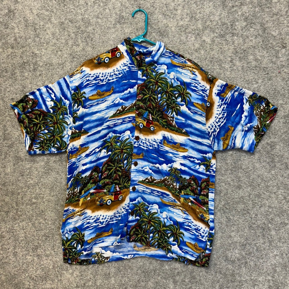 Mango Moon‎ Hawaiian Shirt Mens Large Blue Tropical Island Rayon Good Surfer Car
